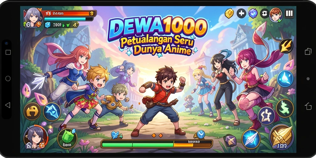 Screenshot gameplay DEWA1000 dengan karakter anime sedang bertarung.
