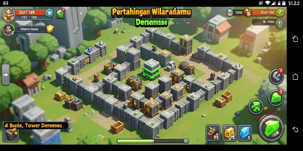 Tampilan gameplay menegangkan dari DUIT188 dengan berbagai menara dan musuh.