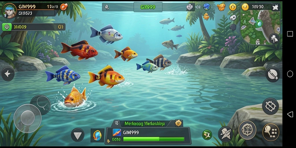 Screenshot gameplay GIM999 yang memperlihatkan momen menangkap ikan.