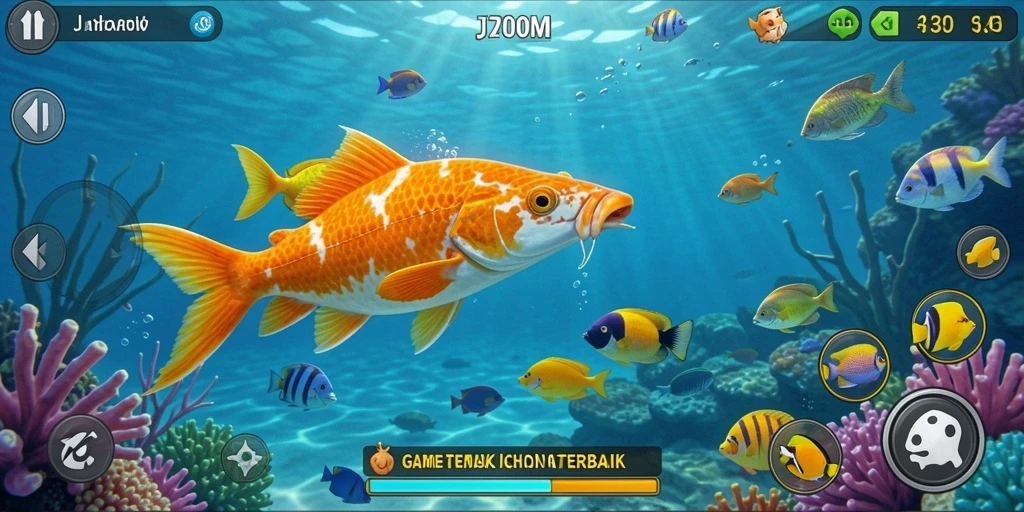 Screenshot gameplay J200M menampilkan momen menembak ikan.