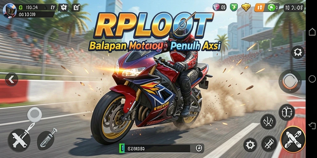 Screenshot permainan RPLOOT menampilkan aksi balapan motor yang seru.