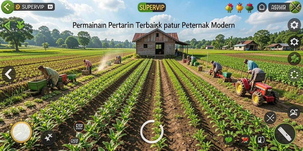 Screenshot gameplay SUPERVIP menampilkan aktivitas pertanian yang seru dan interaktif.